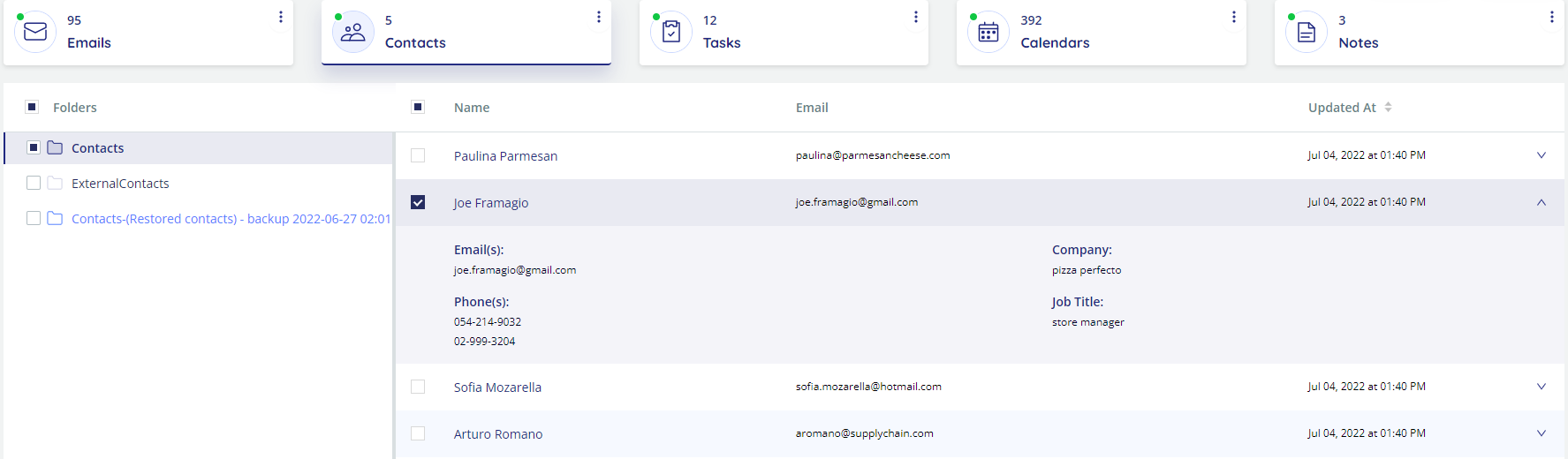 Microsoft Exchange recovery - Contacts page