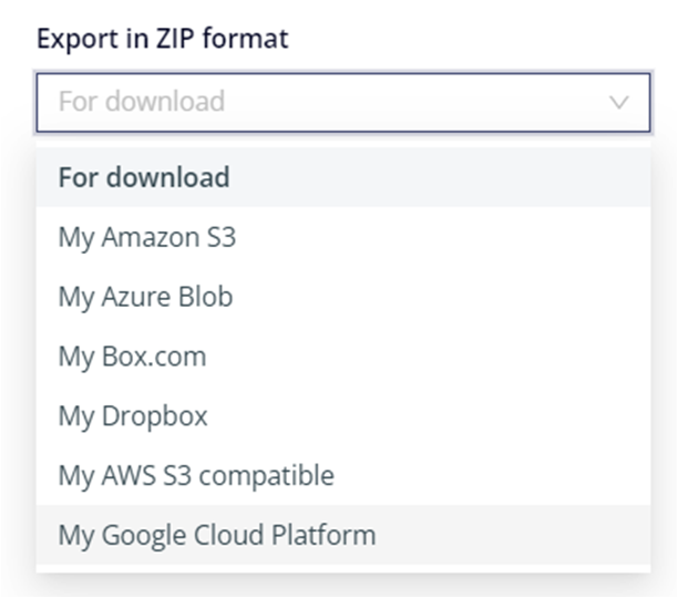 Options of export destinations: Amazon, Azure Blob, My Box.com, Dropbox, AWS, GCP