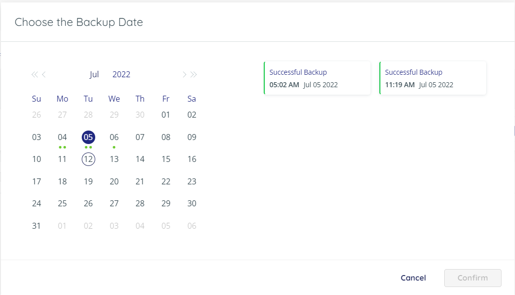 Choose the backup date to restore