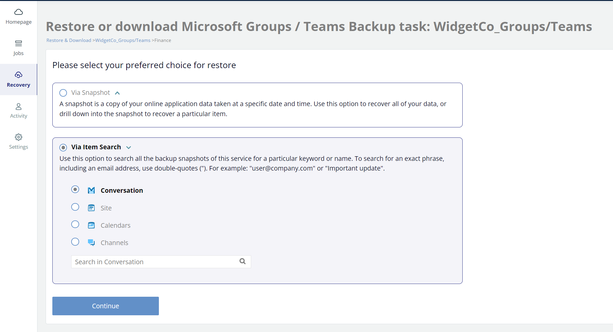 Restore or download Groups or Teams - Via Item Search selected, with options such as Conversation, Site, Calendar, or Channel