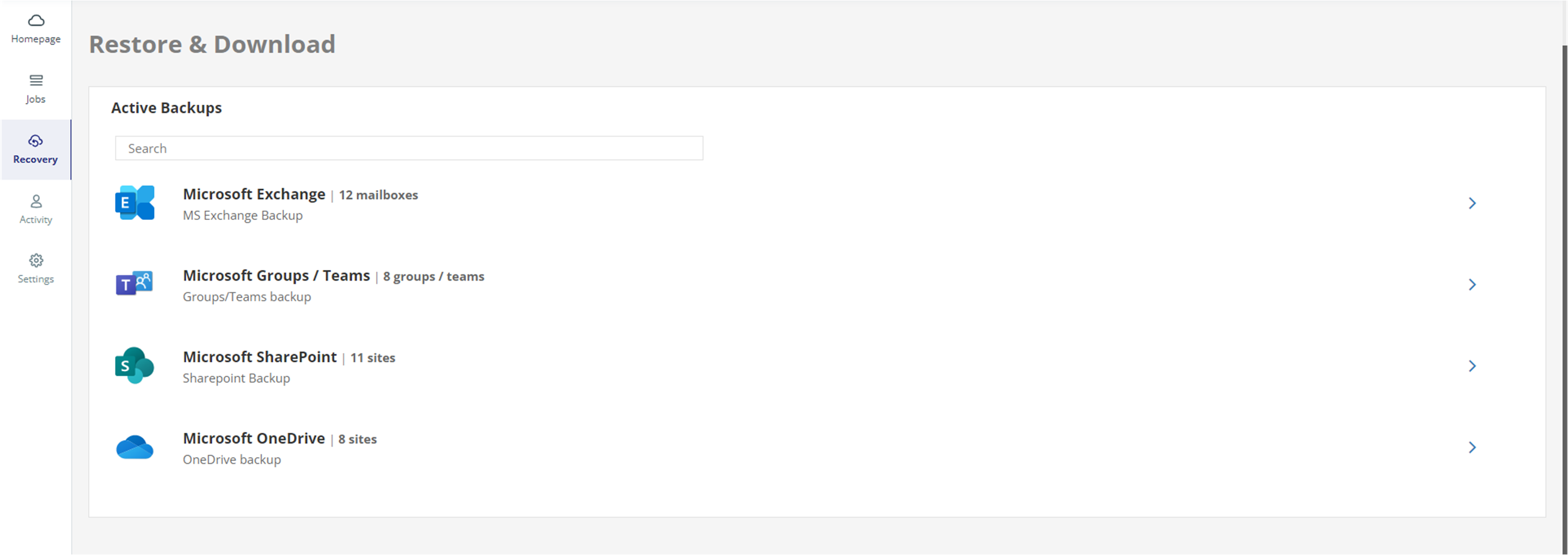 Restore and download page with numerous services displaced.