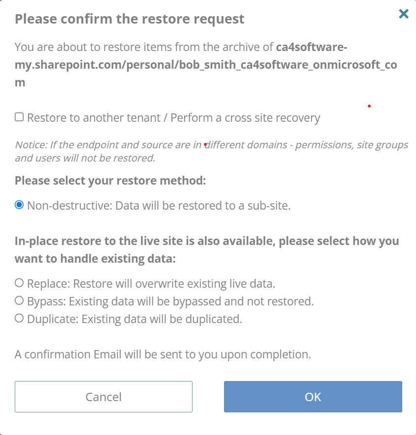 Please confirm the restore request. Non-destructive restore option is selected.