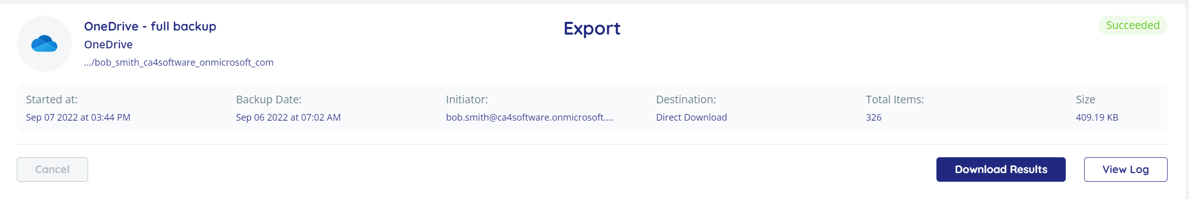 Jobs page, OneDrive backup task displayed, down Download Results button highlighted.