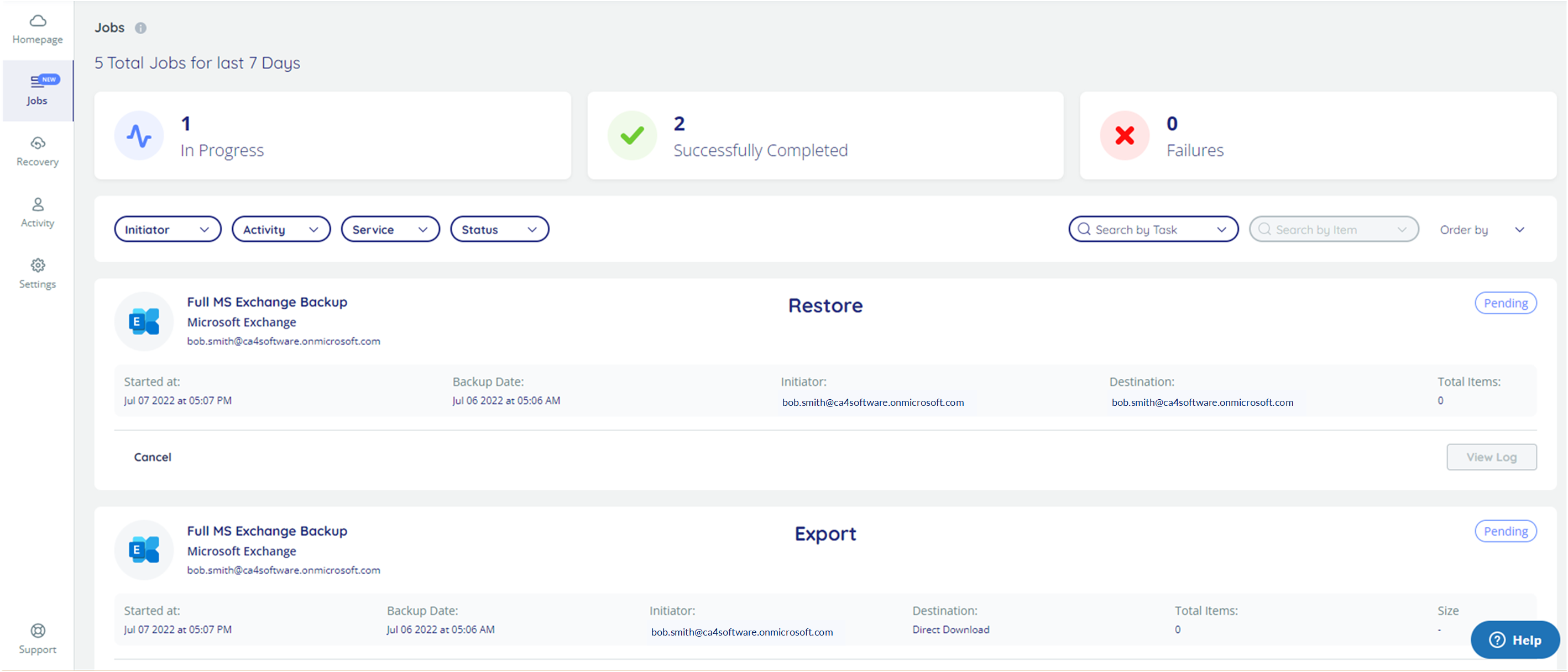 The Jobs page with 1 successful restore take, and 1 successful export task