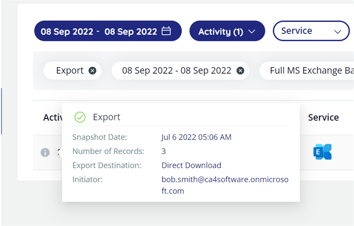 Info pop-up for Microsoft Exchange with details about the export including date, number of records, and destination.