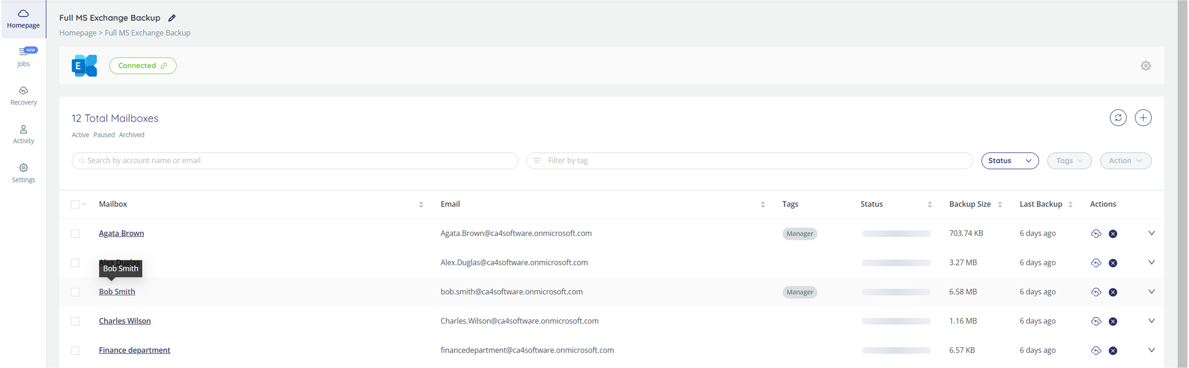Microsoft Exchange restore - click the name of the mailbox