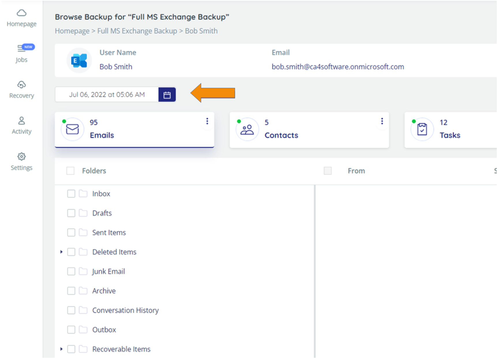 Browse Backup - arrow pointing to date selection field