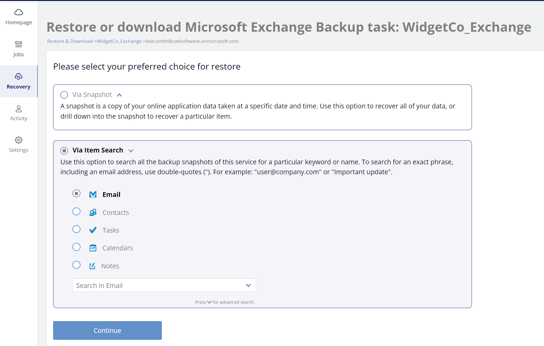 Restore or download Microsoft Exchange backup task - via item search