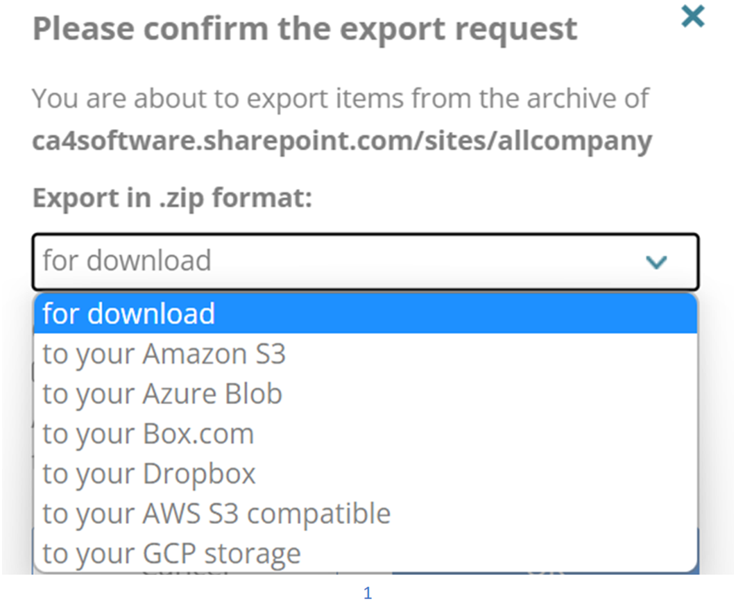 List of export locations, including download, Amazon S3, Box.com, Dropbox, etc.