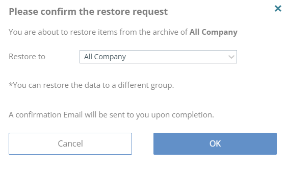 Confirm the restore request. OK button selected.