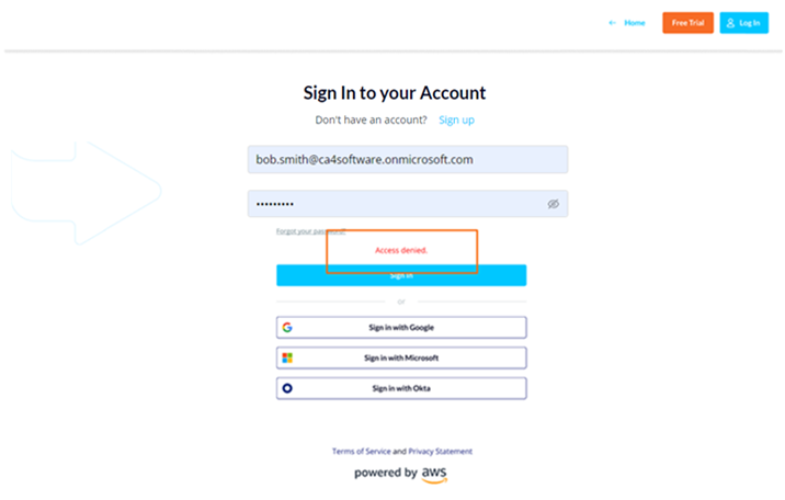 Account sign-in page, with Access Denied error message