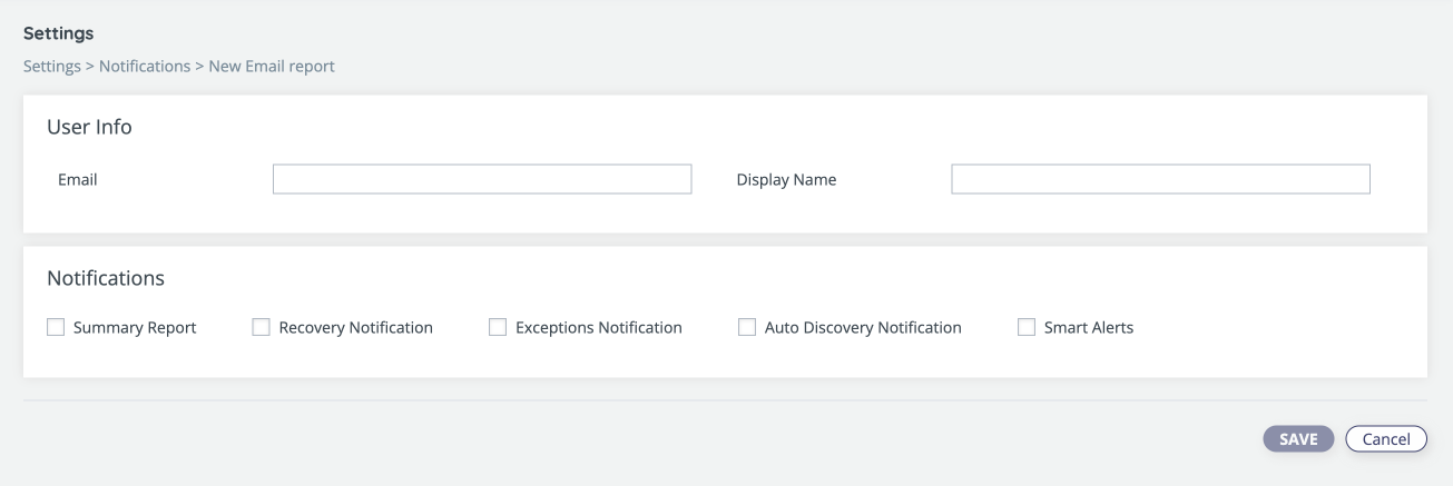 Notifications Settings page, with user information - email and display name, and list of notifications to select