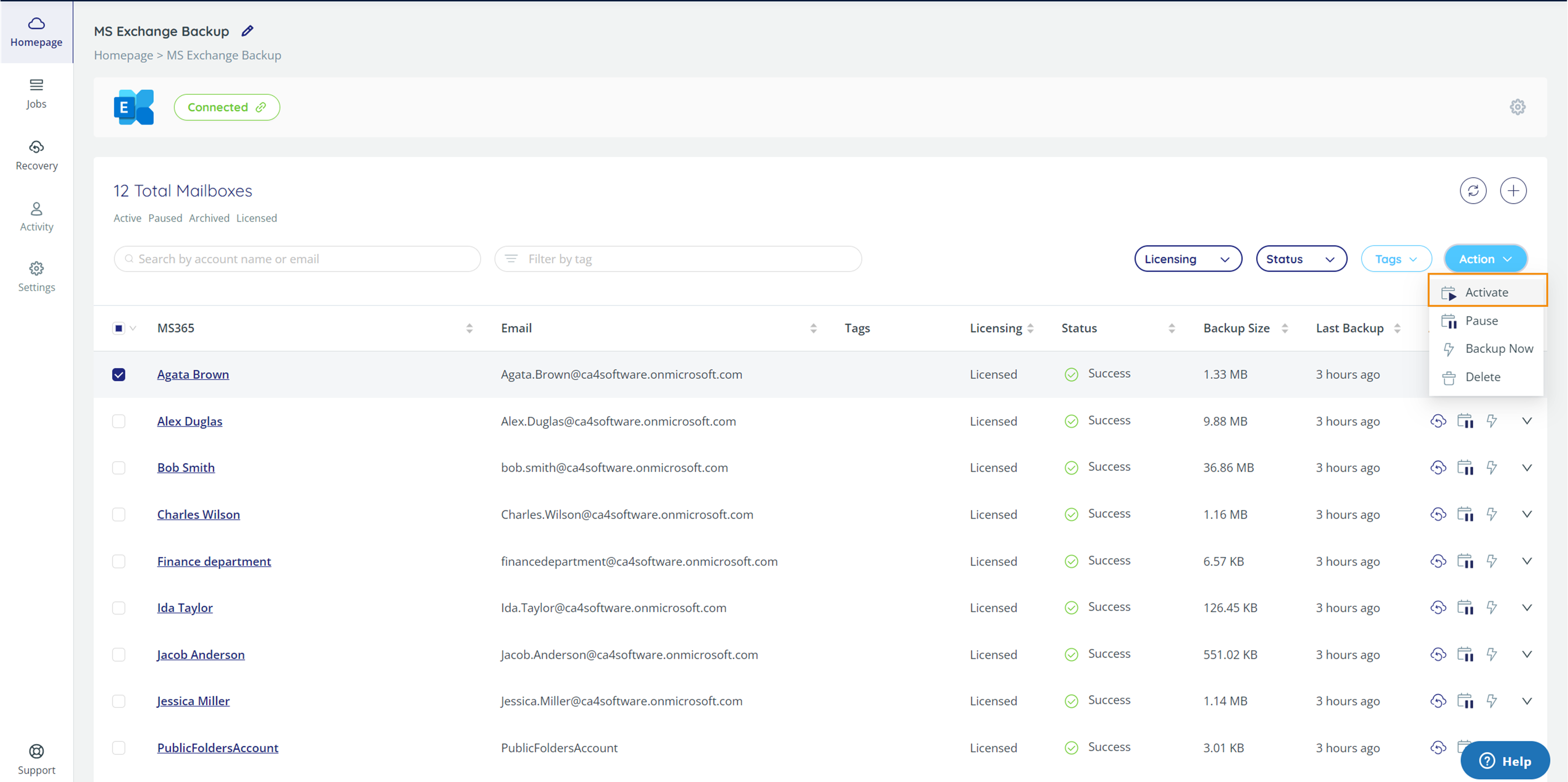 One mailbox is selected, and the Action > Activate menu option is chosen.