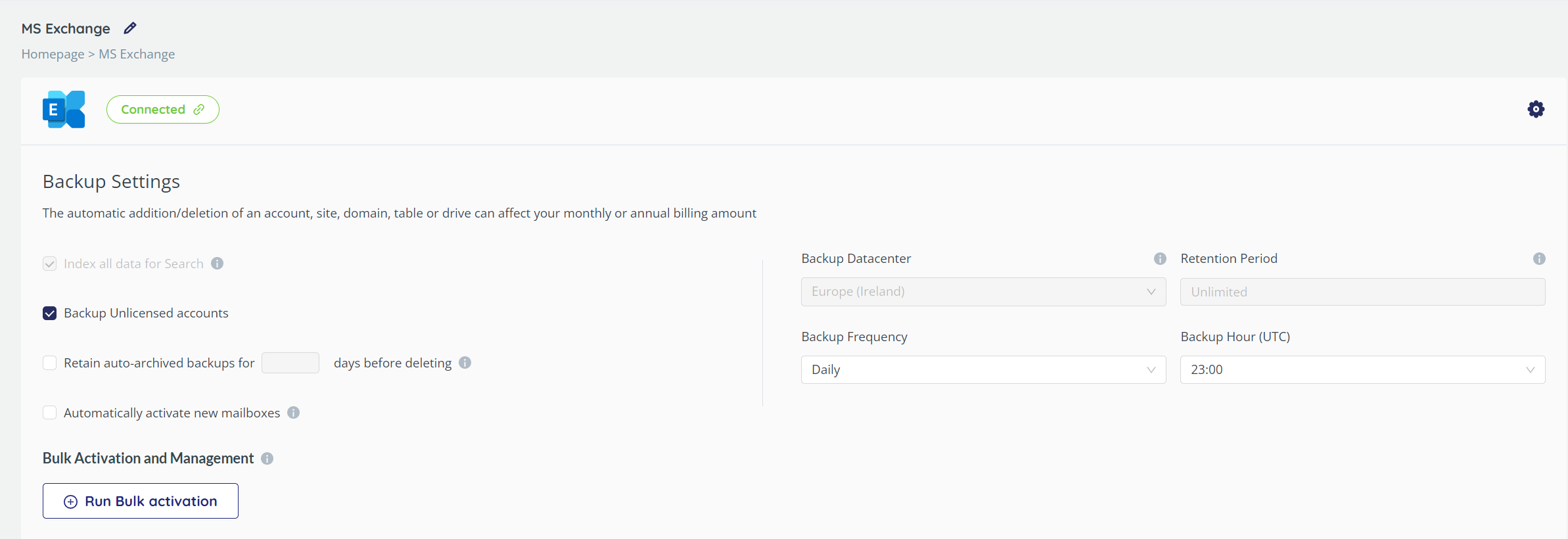 Microsoft Exchange settings screen with the Run Bulk Activation button