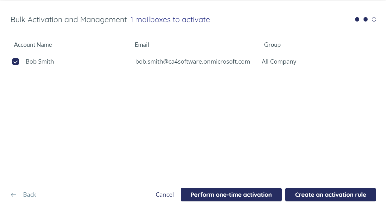 One mailbox selected, with create an activation rule button selected.