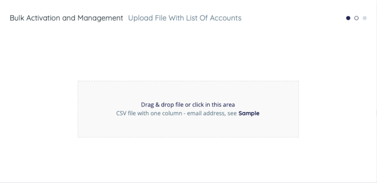 The user is prompted to drag & drop a CSV file containing a list of accounts