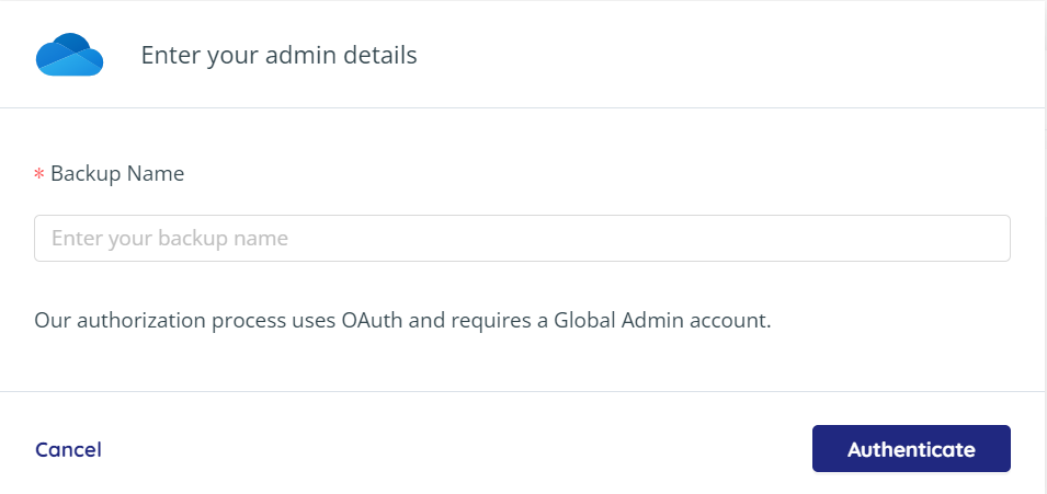Create new OneDrive backup task - enter Admin details