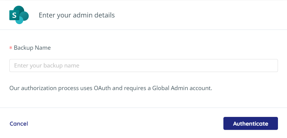 Create new SharePoint backup task. Authenticate button is highlighted.