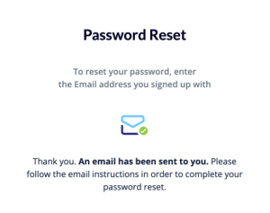 Password reset page with an indication that an email has been sent for confirmation.