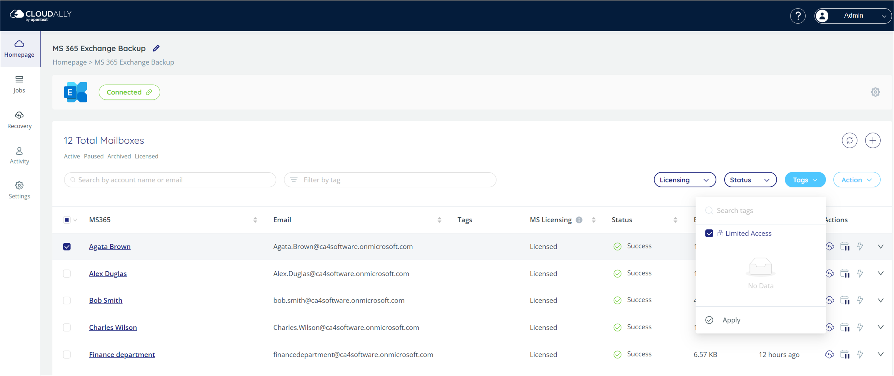 List of Exchange mailboxes, one selected, adding the Limited Access tag to it