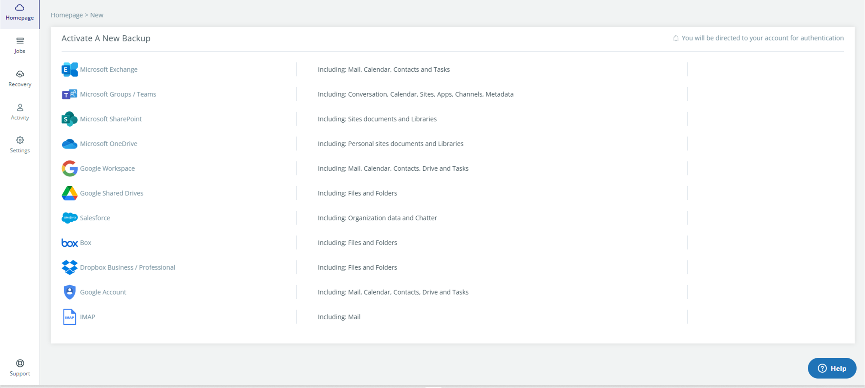 Activate a new backup page with a list of all of the available services