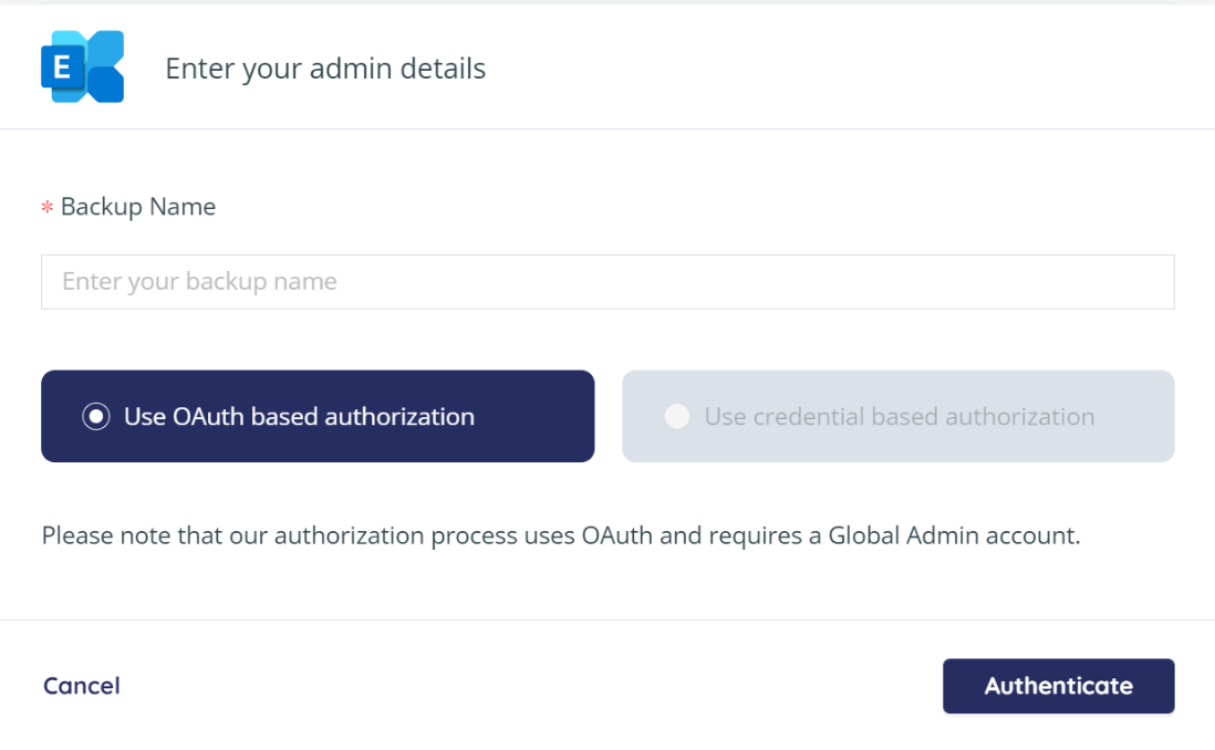 Screen for adding a new Microsoft Exchange backup task
