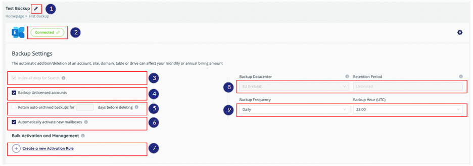 Microsoft Exchange Backup Settings page. Description of each field is below.