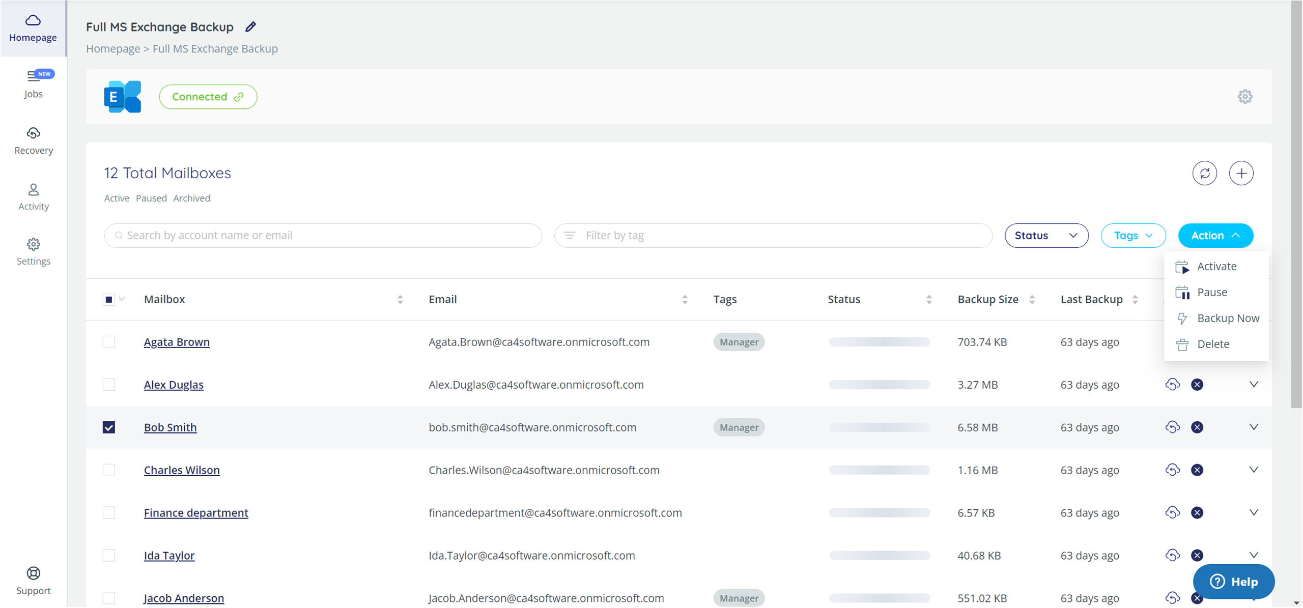 List of Microsoft Exchange mailboxes with one selected for deletion