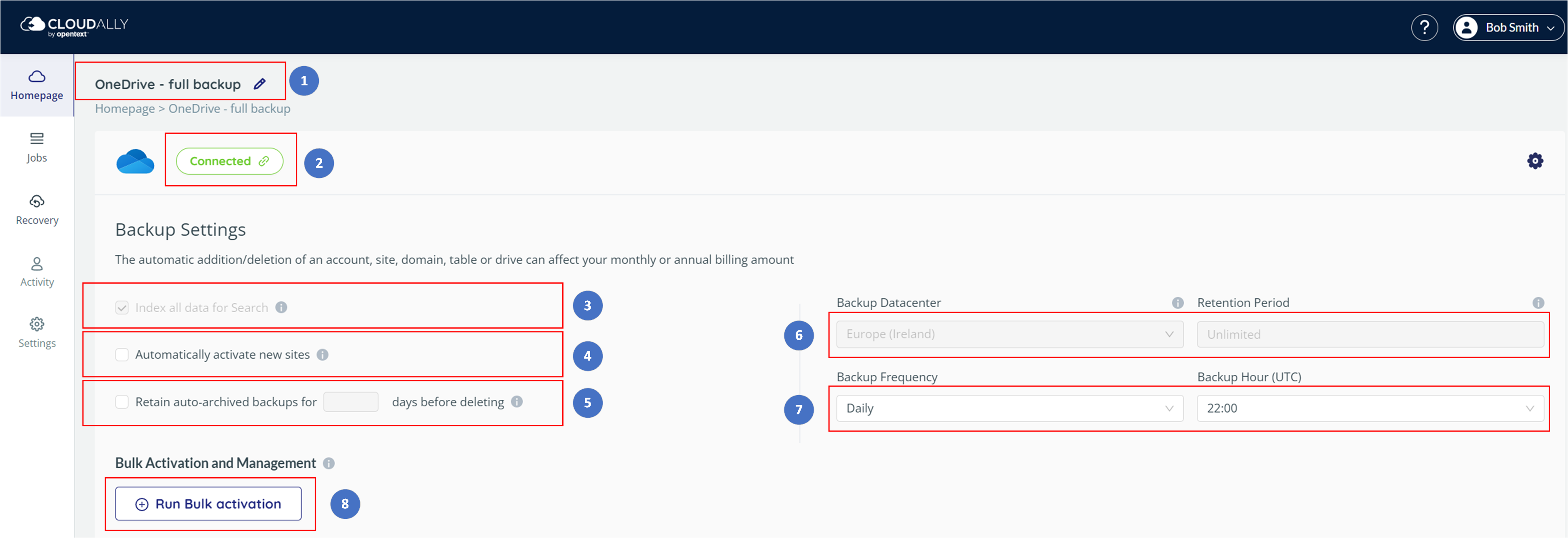 OneDrive backup configuration settings page. Options will be described below.