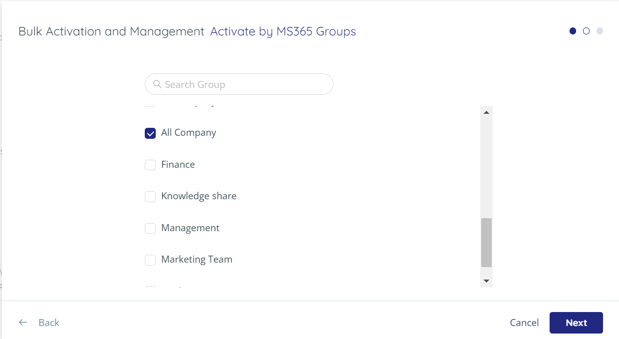 Bulk Activation and Management - One group selected, with Next highlighted