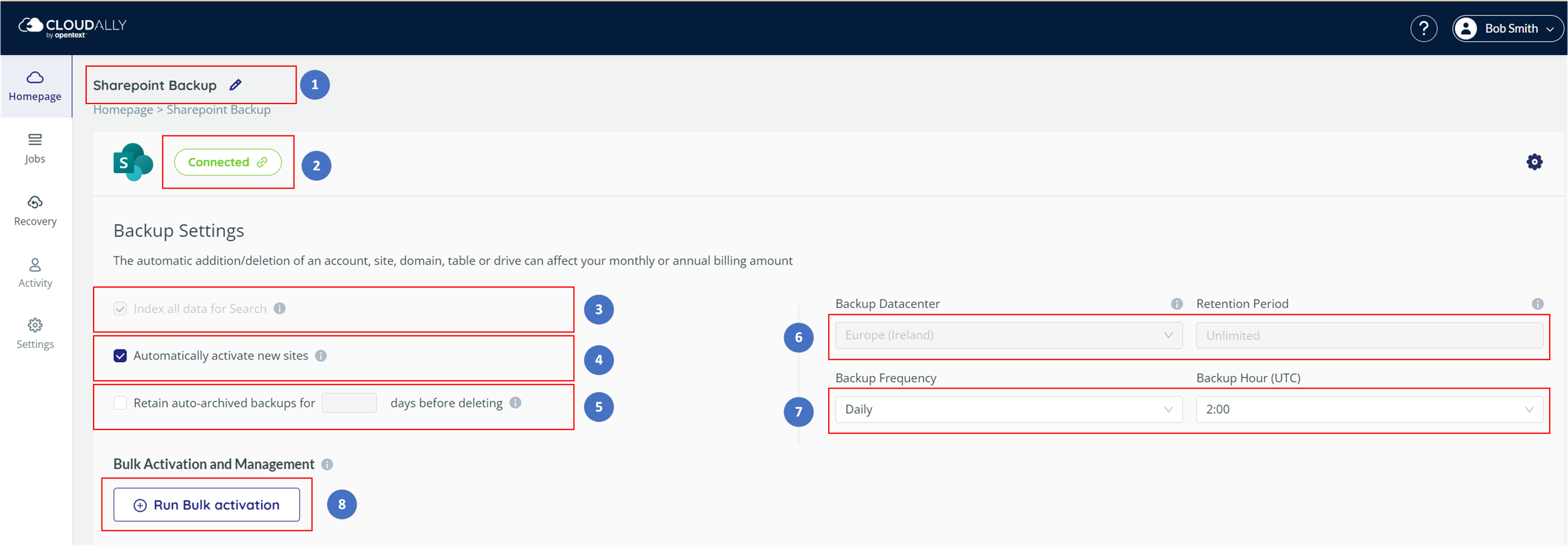 Sharepoint backup configuration settings page. Options will be described below.