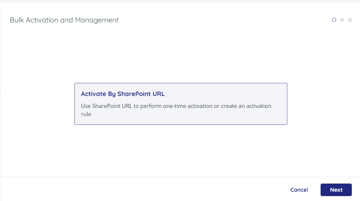 Activate by Sharepoint URL selected, with Next button highlighted