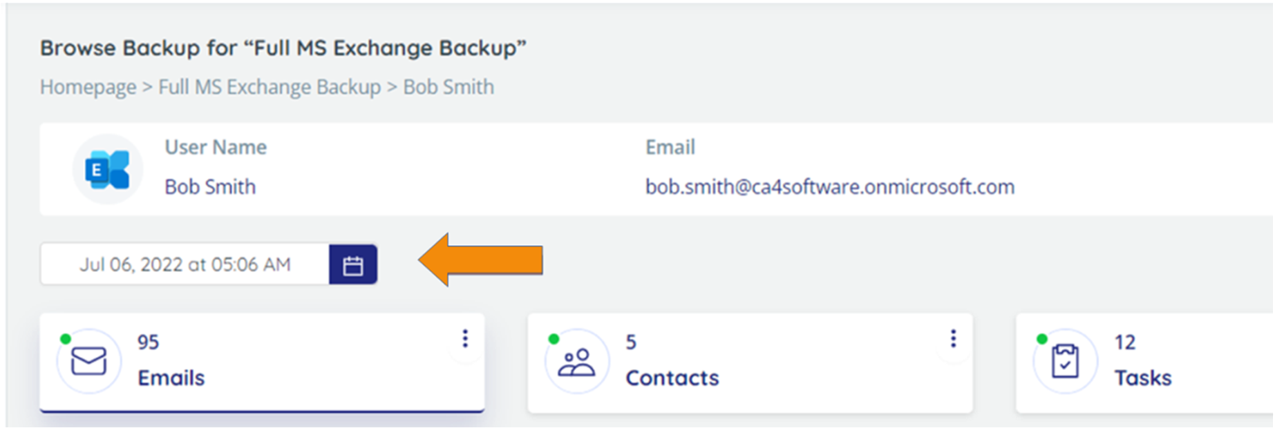 Browse Backup - arrow pointing to date selection field