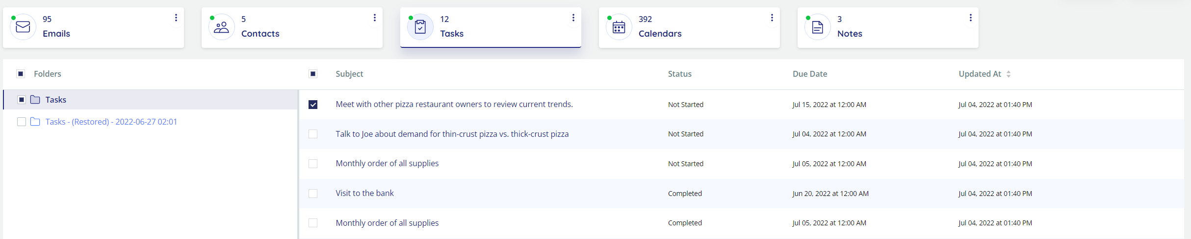 Browse backups - choose Tasks card to see the subject, status and due date