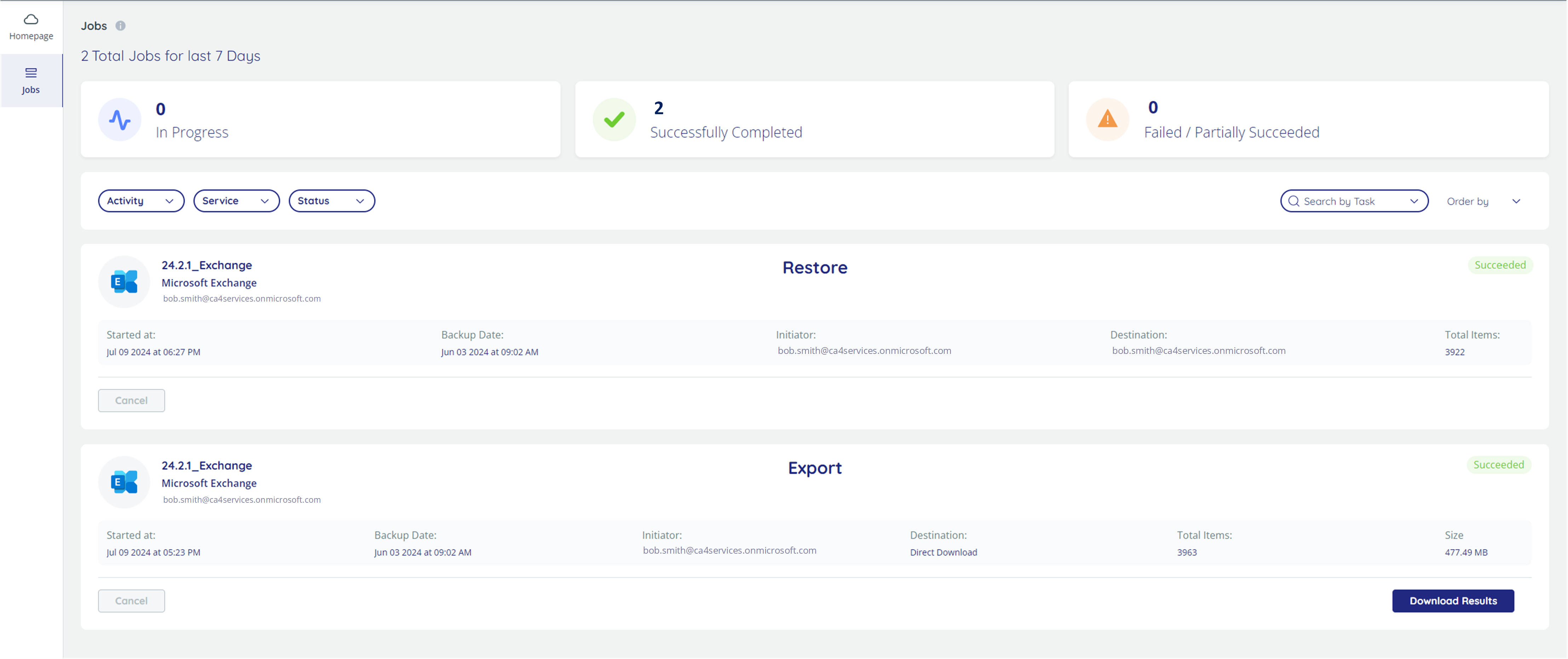 The Jobs page with 1 successful restore take, and 1 successful export task