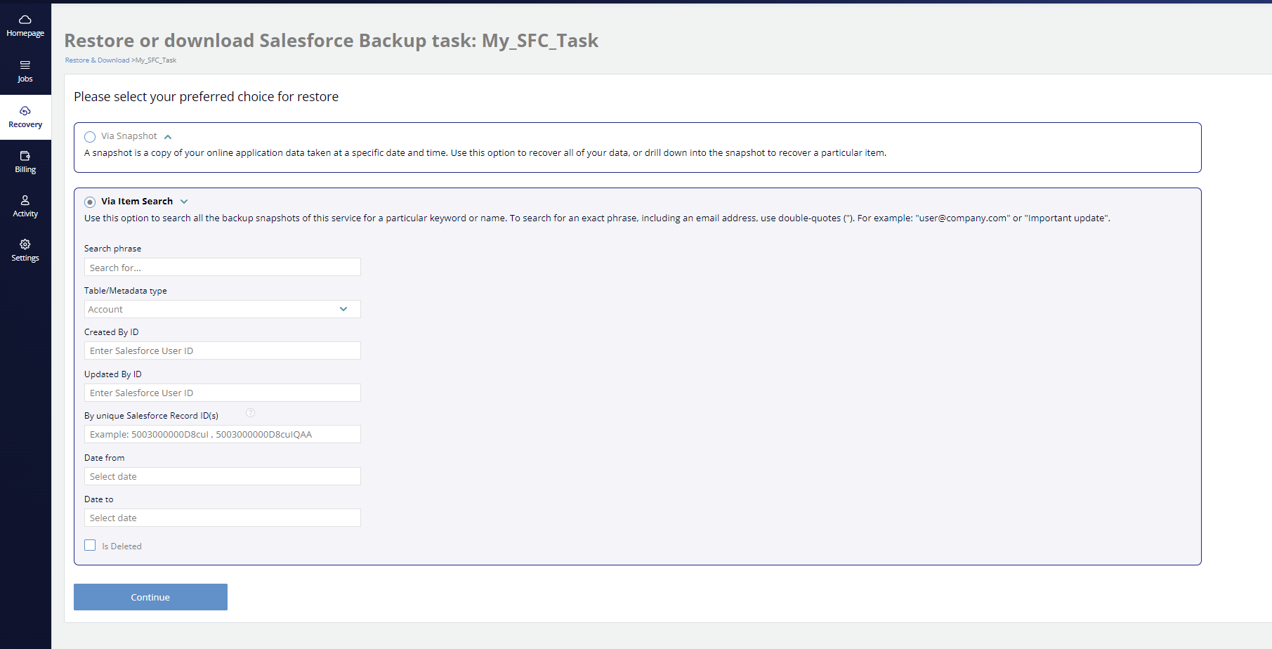 Restore or download Salesforce backup task - search criteria options displayed