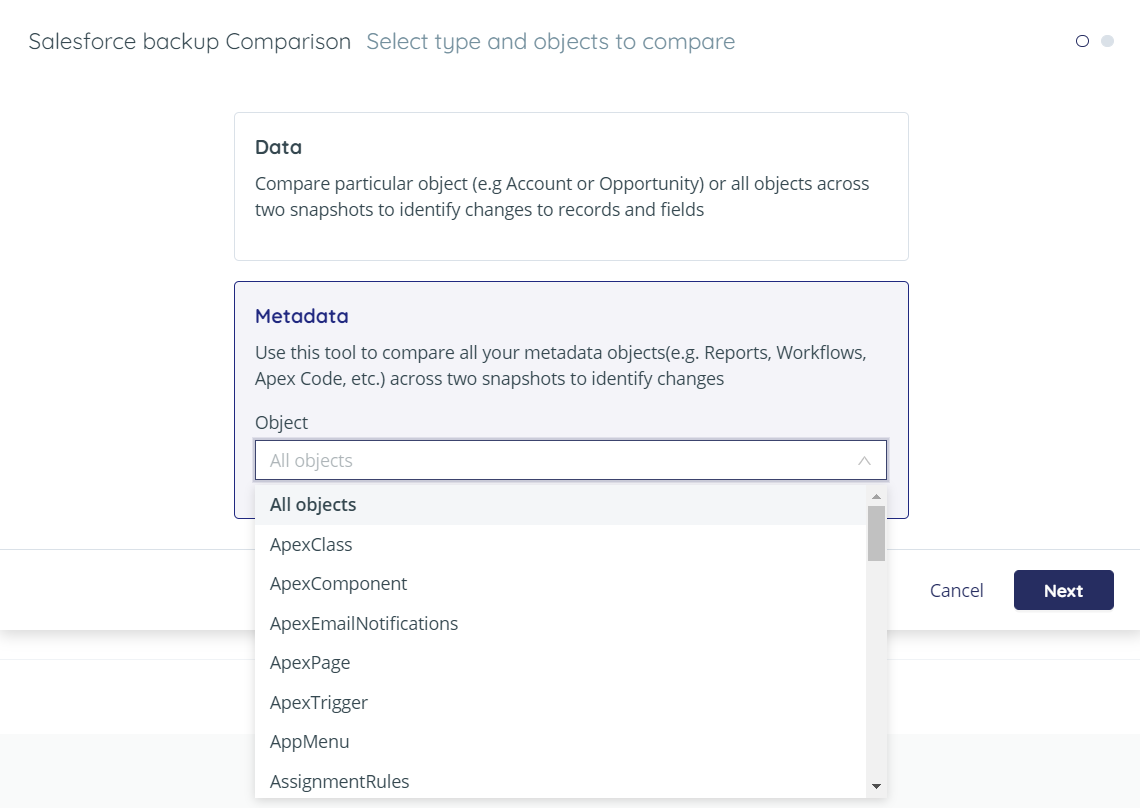 Select type and objects to compare - list of metadata objects is displayed