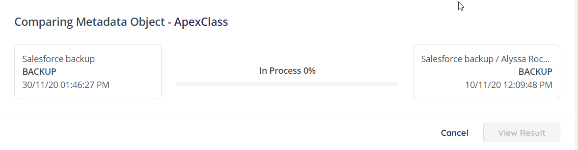 Comparing metadata object - progress bar showing 0%