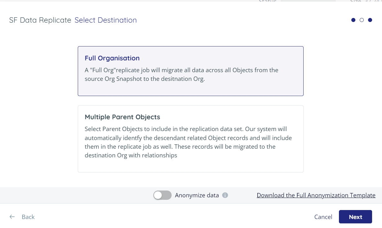Select destination for replication. Full organization is highlighted