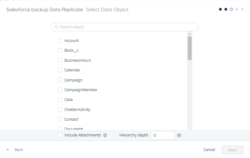 Select data objects to replicate - drop-down list of objects