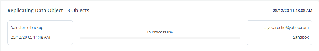 Replicating data objects - 3 objects. Progress bar showing 0%