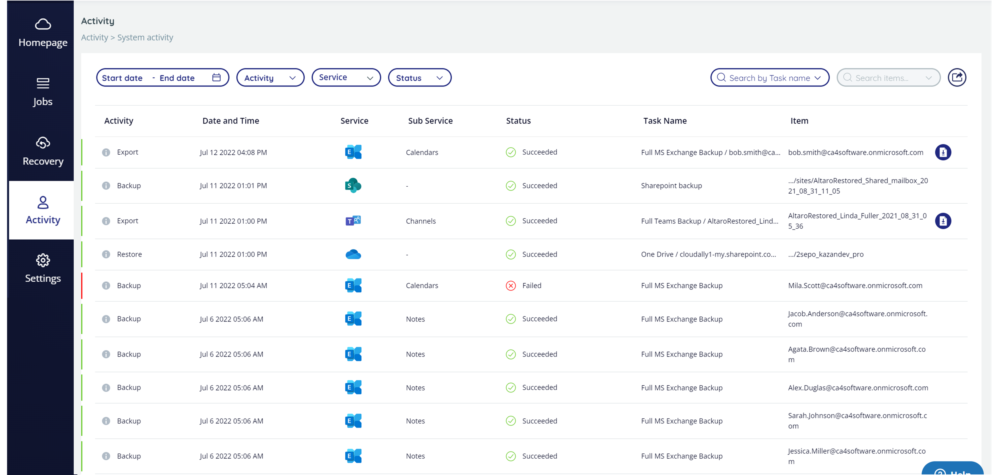 System Activity page with numerous entries