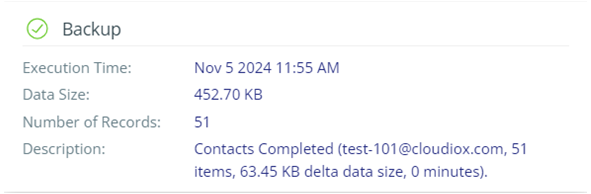 Info pop-up that lists the Execution Time, Data Size, and the Description