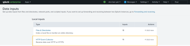 Splunk screen - Data inputs - HTTP Event Collector