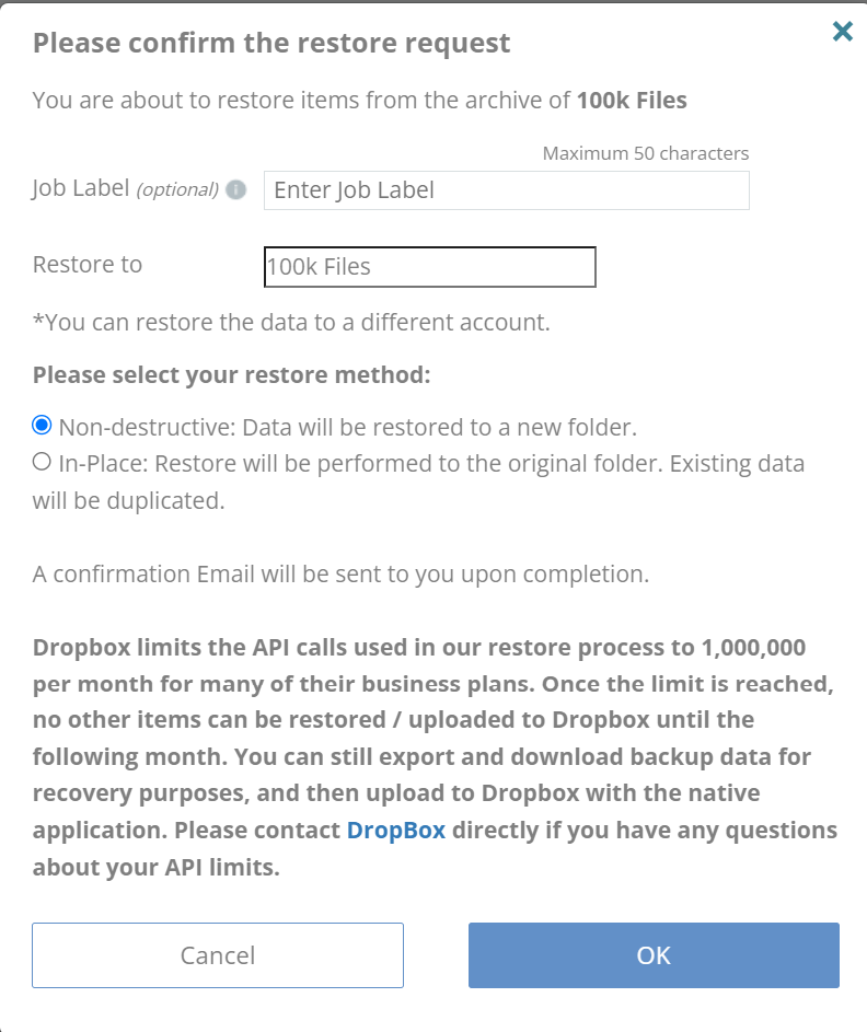 Please confirm the restore request. Non-destructive is selected - OK is highlighted
