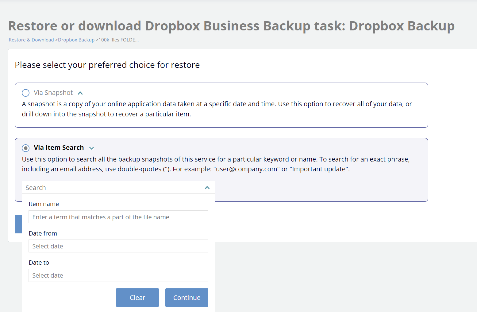 Restore or download Dropox Backup task - via item search options displayed