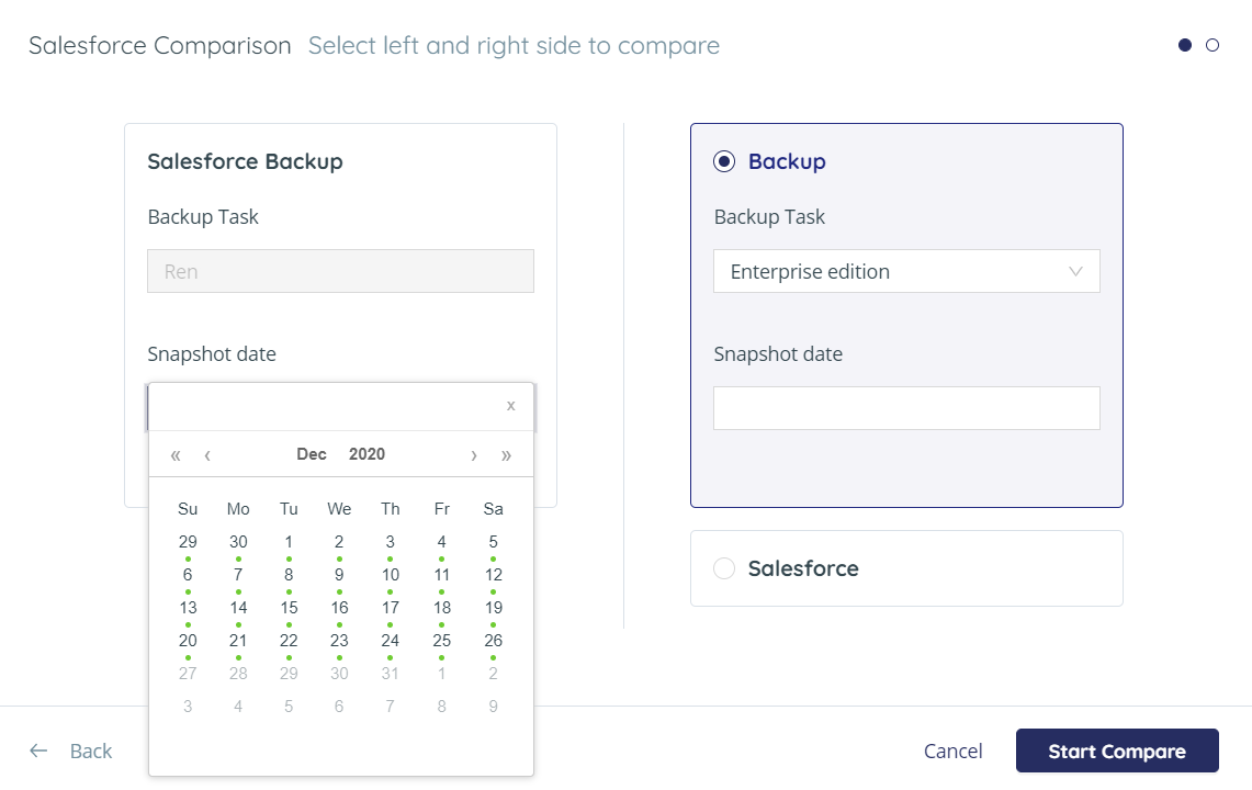 Salesforce comparison - select Snapshot date to compare. 