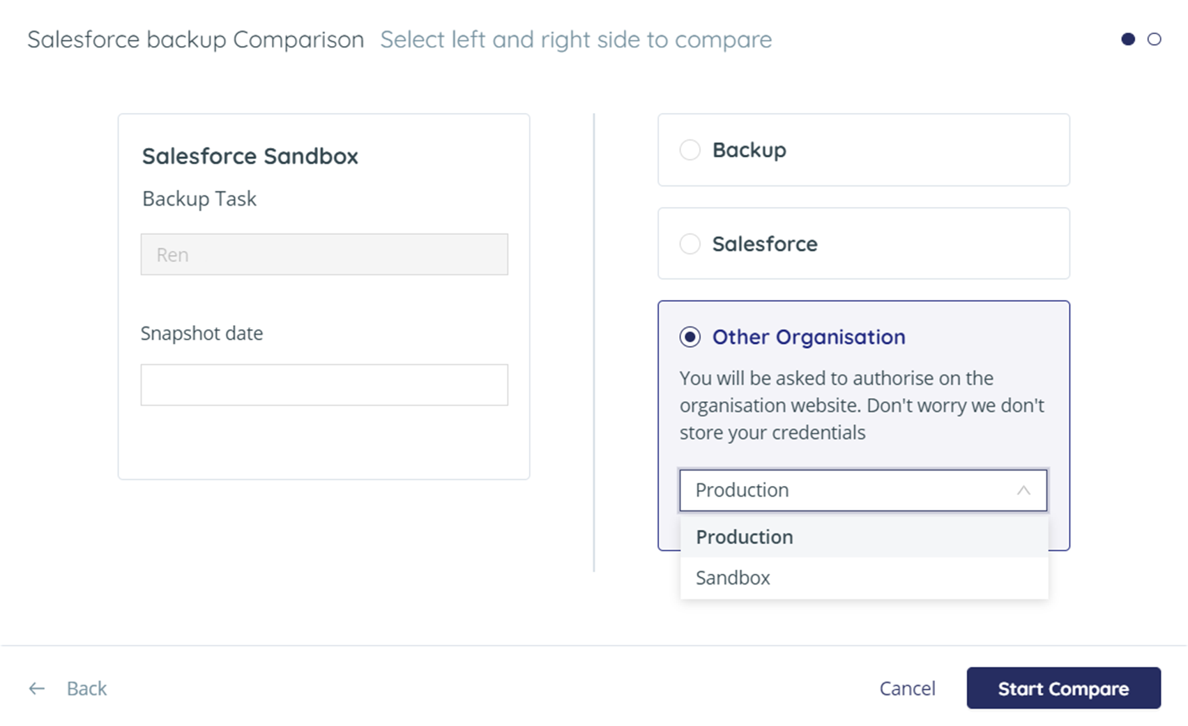 Salesforce backup comparison - Other organization selected with Production highlighted