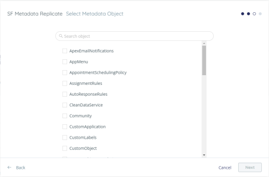 Select metadata objevct to replicate - drop-down list of object to select