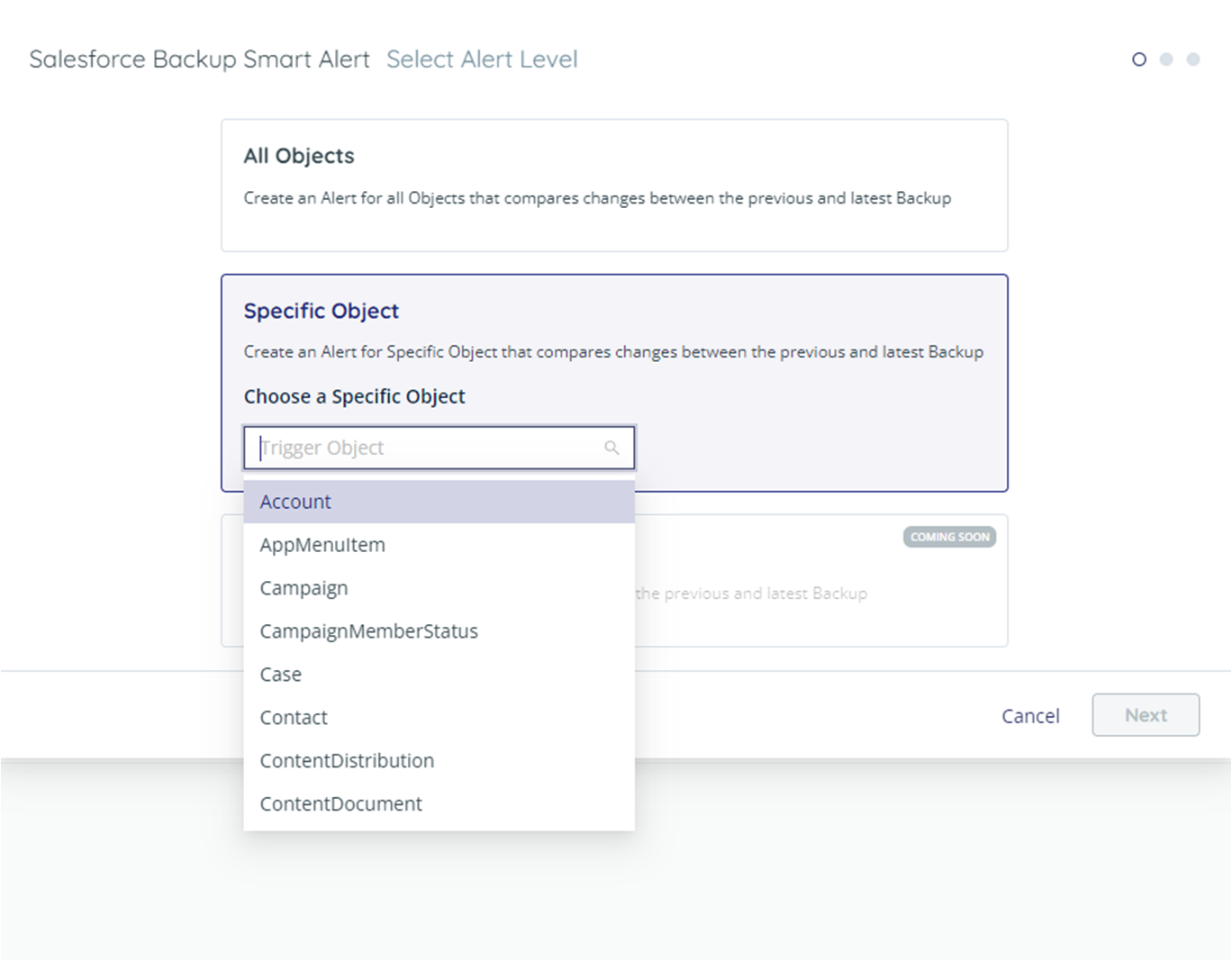 Smart alert - select alert level. Specific object highlighted, with drop down list of objects